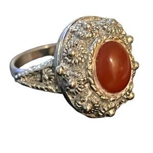 Vintage Silver Plated Carnelian Stone Cabochon Stone Floral Poison Ring